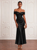Satin Cocktail Dresses Off Shoulder Mermaid/Sheath Ankle Lengh Formal Dress Wedding Guest