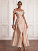 Satin Cocktail Dresses with Slit Off Shoulder A Line Ankle Lengh Formal Dress Wedding Guest