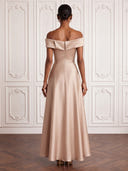 Satin Cocktail Dresses with Slit Off Shoulder A Line Ankle Lengh Formal Dress Wedding Guest