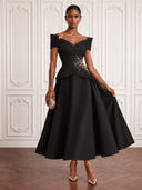 Satin Cocktail Dresses Off Shoulder A Line Ankle Lengh Lace Formal Dress Wedding Guest