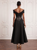 Satin Cocktail Dresses Off Shoulder A Line Ankle Lengh Lace Formal Dress Wedding Guest