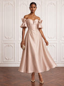 Satin Cocktail Dresses Off ShoulderAnkle Lengh Party Dress  A Line Formal Dress