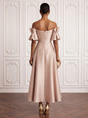 Satin Cocktail Dresses Off ShoulderAnkle Lengh Party Dress  A Line Formal Dress