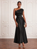 Satin Black Cocktail Dresses One Shoulder Ankle Lengh Party Dress  A Line Formal Dress