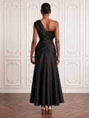 Satin Black Cocktail Dresses One Shoulder Ankle Lengh Party Dress  A Line Formal Dress