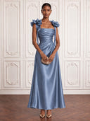 Satin Dusty Blue Cocktail Dresses Square Neck Ankle Lengh A Line Party Dress with Bow Formal Dress
