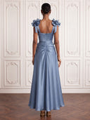 Satin Dusty Blue Cocktail Dresses Square Neck Ankle Lengh A Line Party Dress with Bow Formal Dress