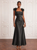 Satin Black Cocktail Dresses Square Neck Ankle Lengh A Line Party Dress with Bow Formal Dress