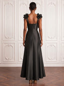 Satin Black Cocktail Dresses Square Neck Ankle Lengh A Line Party Dress with Bow Formal Dress