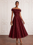 Sequin Burgundy Cocktail Dresses Off Shoulder Ankle Lengh A Line Evening Dress Formal Dress