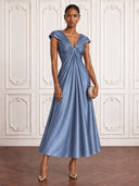 Satin Dusty Blue Cocktail Dresses V Neck Ankle Lengh A Line Wedding Guest Formal Dress