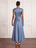 Satin Dusty Blue Cocktail Dresses V Neck Ankle Lengh A Line Wedding Guest Formal Dress