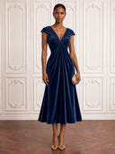 Velvet Dusty Blue Cocktail Dresses V Neck Ankle Lengh A Line Evening Dress Formal Dress
