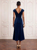 Velvet Dusty Blue Cocktail Dresses V Neck Ankle Lengh A Line Evening Dress Formal Dress
