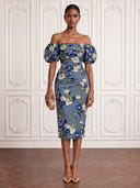 Flower Cocktail Dresses Off Shoulder Tea Lengh Sheath Party Dress Formal Dress
