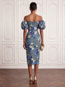 Flower Cocktail Dresses Off Shoulder Tea Lengh Sheath Party Dress Formal Dress