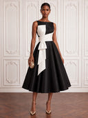 Satin Cocktail Dresses Boat Neck Tea Lengh Party Dress A Line Formal Dress with Bow