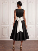 Satin Cocktail Dresses Boat Neck Tea Lengh Party Dress A Line Formal Dress with Bow