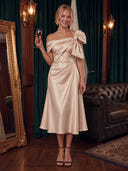 Satin Cocktail Dresses Off Shoulder Tea Lengh Party Dress Formal Dress with Bow