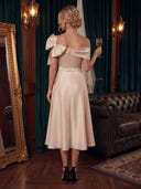 Satin Cocktail Dresses Off Shoulder Tea Lengh Party Dress Formal Dress with Bow