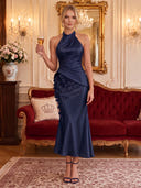 Satin Cocktail Dresses Halter Tea Lengh Party Dress 3D Flower Formal Dress