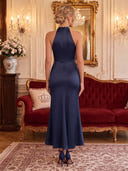 Satin Cocktail Dresses Halter Tea Lengh Party Dress 3D Flower Formal Dress