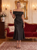 Satin Cocktail Dresses Off Shoulder Tea Lengh Party Dress 3D Flower Formal Dress