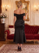 Satin Cocktail Dresses Off Shoulder Tea Lengh Party Dress 3D Flower Formal Dress