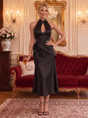 Satin Cocktail Dresses High Neck Tea Lengh Party Dress 3D Flower Formal Dress