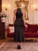 Satin Cocktail Dresses High Neck Tea Lengh Party Dress 3D Flower Formal Dress