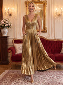 Metallic Cocktail Dresses V Neck Party Dress Gold A Line Formal Evening