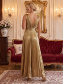 Metallic Cocktail Dresses V Neck Party Dress Gold A Line Formal Evening