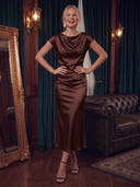 Satin Brown Cocktail Dresses Crew Neck Party Dress Mermaid Wedding Guest