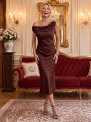 Satin One Shoulder Cocktail Dresses Brown Party Dress Mermaid Wedding Guest