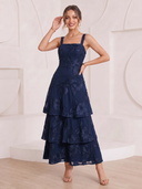 Lace A Line Cocktail Dresses Square Neck Sleeveless Tea Length Party Dress with Tiered/Zipper Back