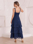 Lace A Line Cocktail Dresses Square Neck Sleeveless Tea Length Party Dress with Tiered/Zipper Back
