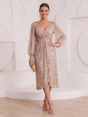 Sheath/Column Cocktail Dresses V Neck Sequin Long Sleeves Tea Length New Year's Party Dresses with Pleats/Back Zipper