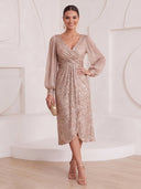 Sheath/Column Cocktail Dresses V Neck Sequin Long Sleeves Tea Length New Year's Party Dresses with Pleats/Back Zipper
