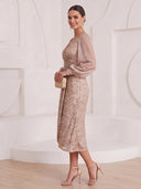 Sheath/Column Cocktail Dresses V Neck Sequin Long Sleeves Tea Length New Year's Party Dresses with Pleats/Back Zipper