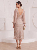 Sheath/Column Cocktail Dresses V Neck Sequin Long Sleeves Tea Length New Year's Party Dresses with Pleats/Back Zipper