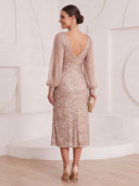 Sheath/Column Cocktail Dresses V Neck Sequin Long Sleeves Tea Length New Year's Party Dresses with Pleats/Back Zipper