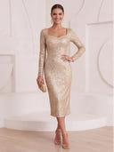 Sheath/Column Cocktail Dresses Square Neck Sequin Long Sleeves Tea Length New Year's Party Dresses with Pleats/Back Zipper