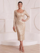 Sheath/Column Cocktail Dresses Square Neck Sequin Long Sleeves Tea Length New Year's Party Dresses with Pleats/Back Zipper