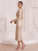Sheath/Column Cocktail Dresses Square Neck Sequin Long Sleeves Tea Length New Year's Party Dresses with Pleats/Back Zipper