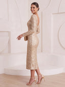 Sheath/Column Cocktail Dresses Square Neck Sequin Long Sleeves Tea Length New Year's Party Dresses with Pleats/Back Zipper