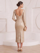 Sheath/Column Cocktail Dresses Square Neck Sequin Long Sleeves Tea Length New Year's Party Dresses with Pleats/Back Zipper