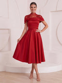 A Line Cocktail Dresses High Neck Satin Short Sleeves Tea Length New Year's Party Dresses with Beads/Back Zipper