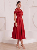 A Line Cocktail Dresses High Neck Satin Short Sleeves Tea Length New Year's Party Dresses with Beads/Back Zipper