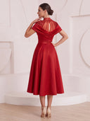 A Line Cocktail Dresses High Neck Satin Short Sleeves Tea Length New Year's Party Dresses with Beads/Back Zipper