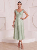 A Line Cocktail Dresses V Neck Sequin Cap Sleeves Tea Length Evening Party Dresses with Beads/Back Zipper